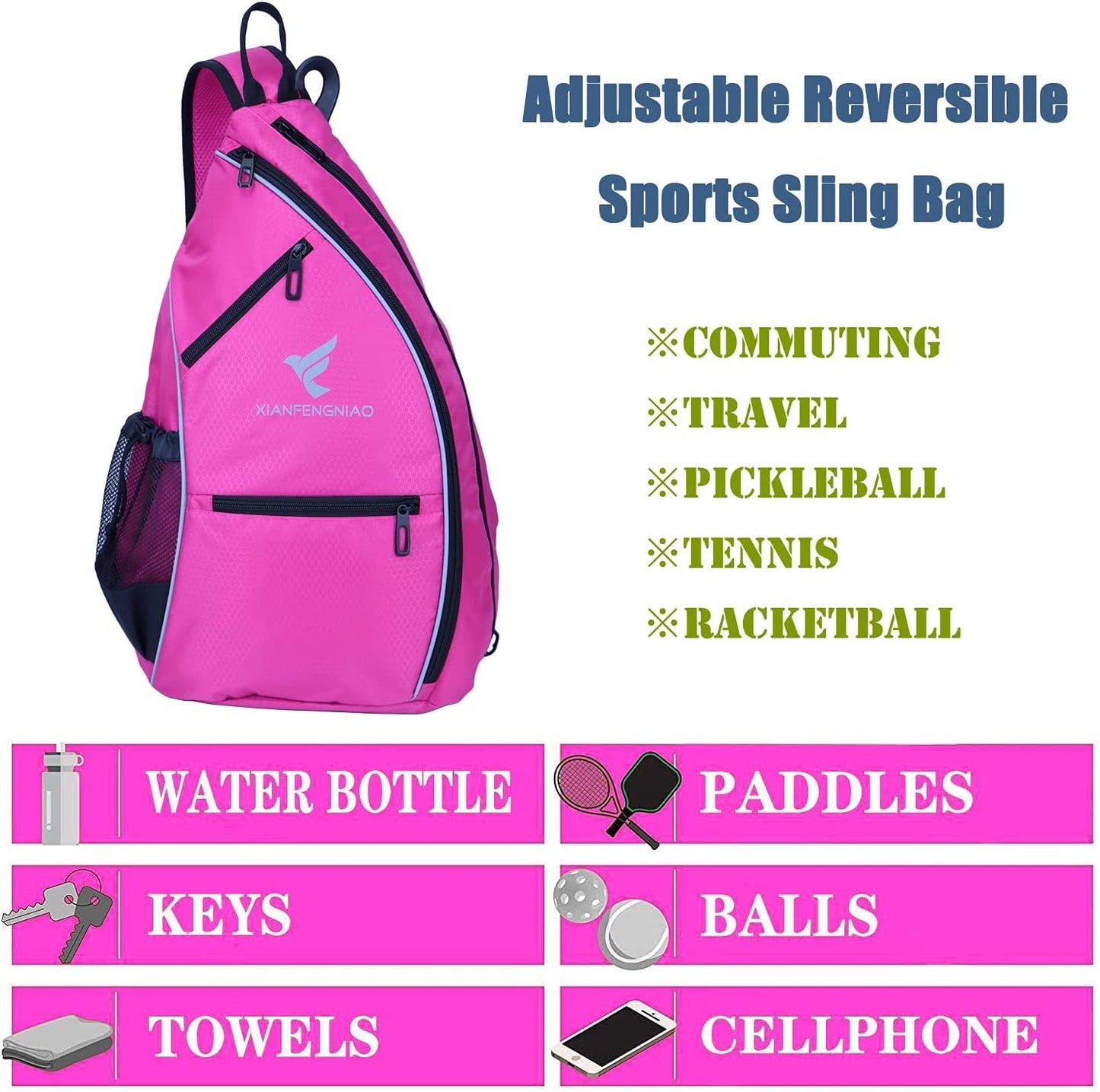 Sling Bag Sports Pickleball Bag Pickleball Backpack for Men Women Adjustable Tennis Bag for Pickleball Paddle with Fence Hook,Water Bottle Holder